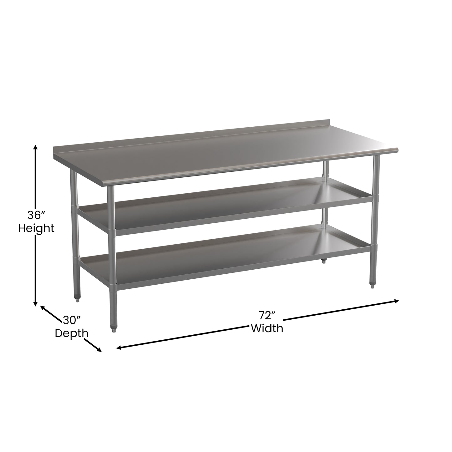 Ravenel Stainless Steel 18 Gauge Work Table with 1.5" Backsplash and 2 Undershelves - 72"W x 30"D x 34.5"H, NSF Stainless Steel