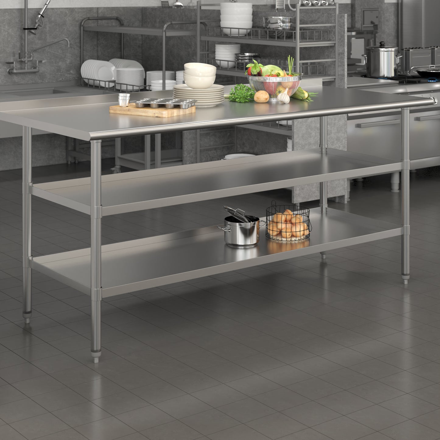 Ravenel Stainless Steel 18 Gauge Work Table with 1.5" Backsplash and 2 Undershelves - 72"W x 30"D x 34.5"H, NSF Stainless Steel