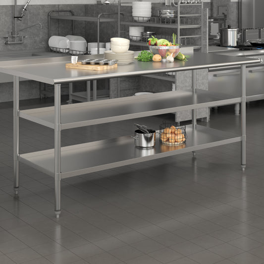 Ravenel Stainless Steel 18 Gauge Work Table with 1.5" Backsplash and 2 Undershelves - 72"W x 30"D x 34.5"H, NSF Stainless Steel