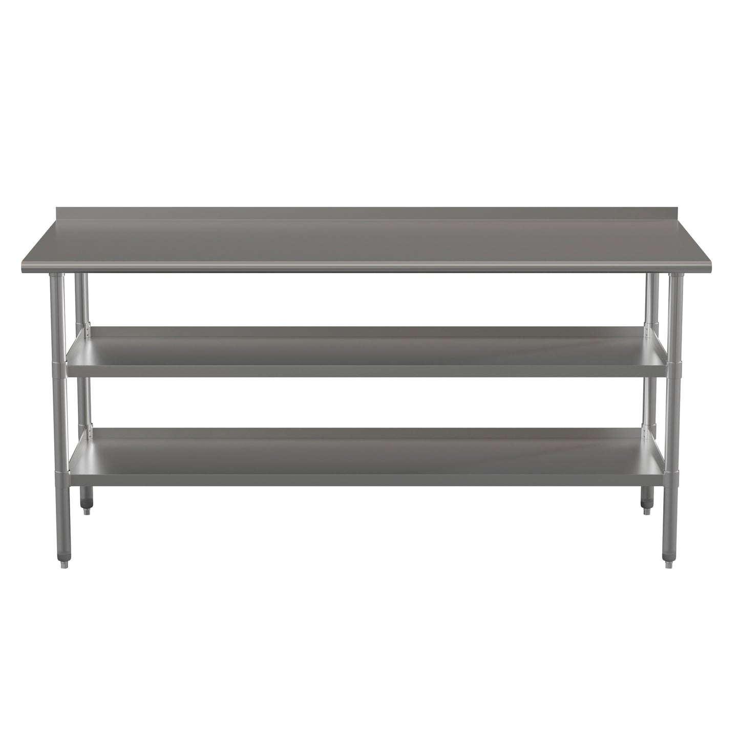 Ravenel Stainless Steel 18 Gauge Work Table with 1.5" Backsplash and 2 Undershelves - 72"W x 30"D x 34.5"H, NSF Stainless Steel