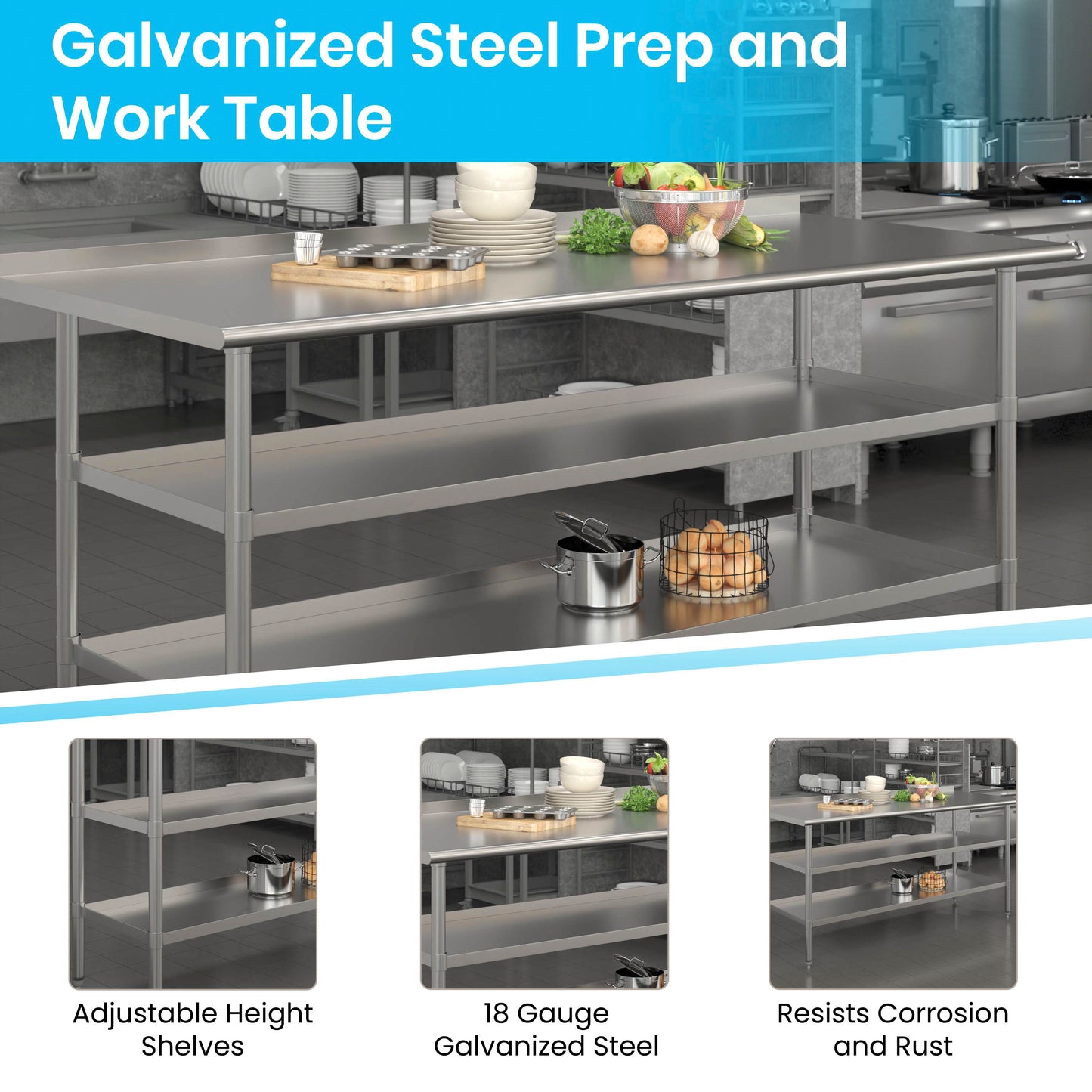 Ravenel Stainless Steel 18 Gauge Work Table with 1.5" Backsplash and 2 Undershelves - 72"W x 30"D x 34.5"H, NSF Stainless Steel