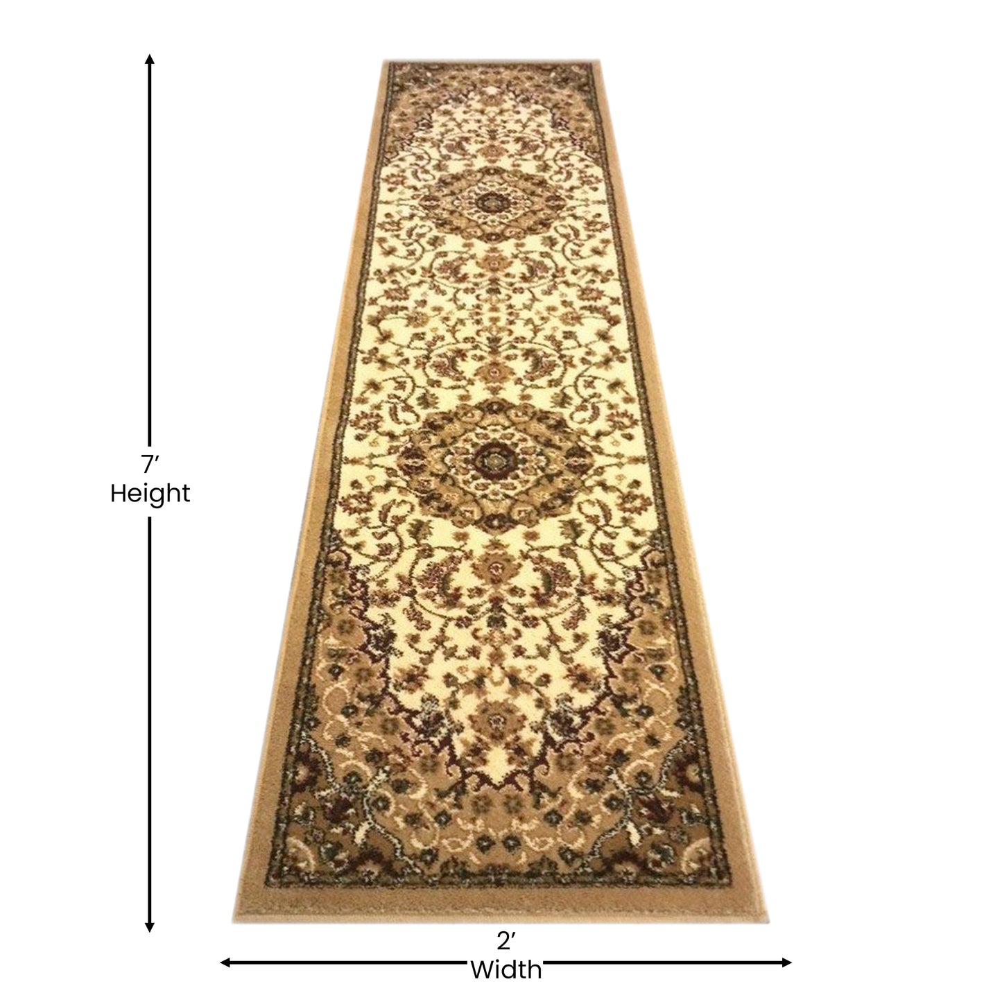 Mersin Collection Persian Style 2' x 7' Ivory Area Rug - Olefin Rug with Jute Backing - Hallway, Entryway, Bedroom, Living Room Ivory