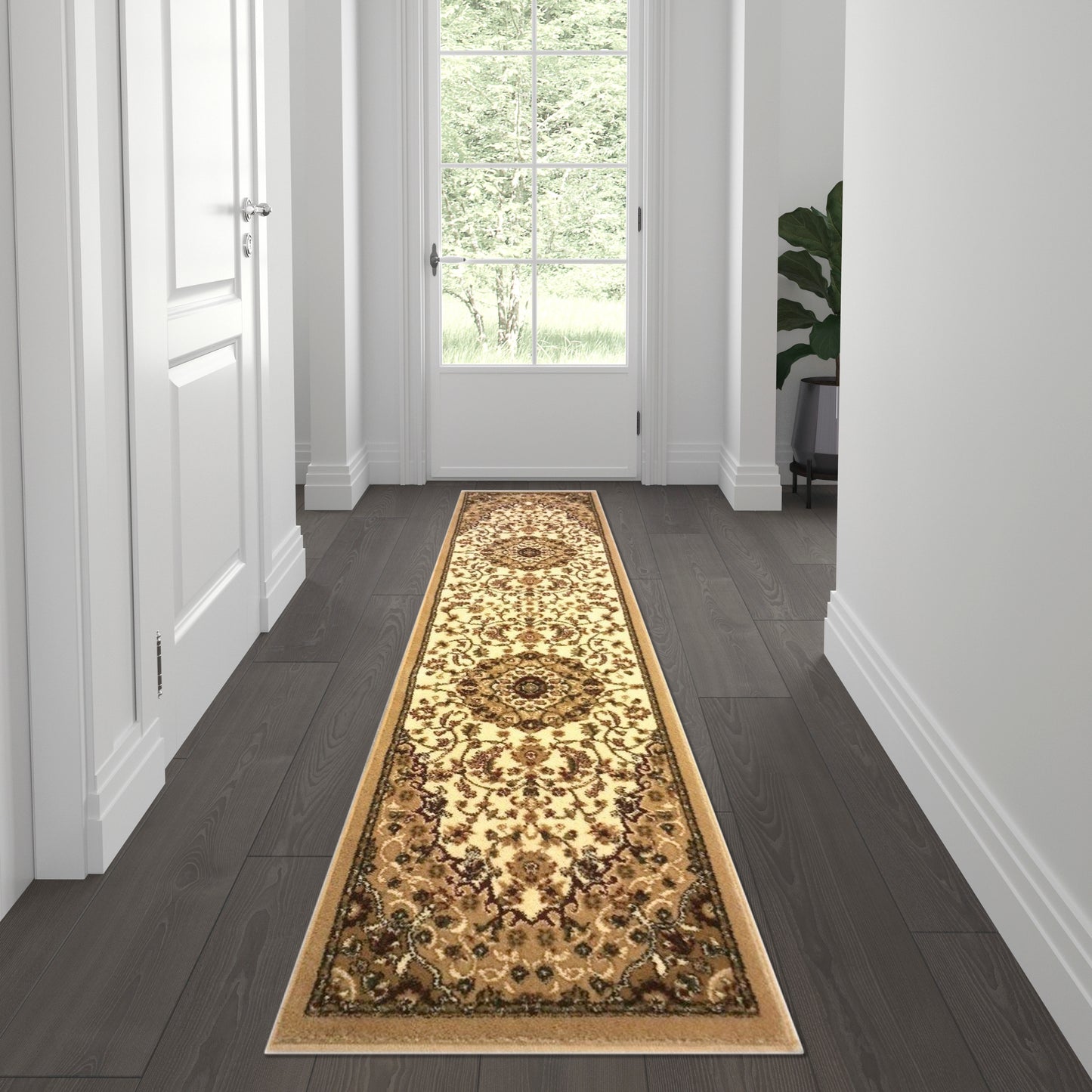 Mersin Collection Persian Style 2' x 7' Ivory Area Rug - Olefin Rug with Jute Backing - Hallway, Entryway, Bedroom, Living Room Ivory