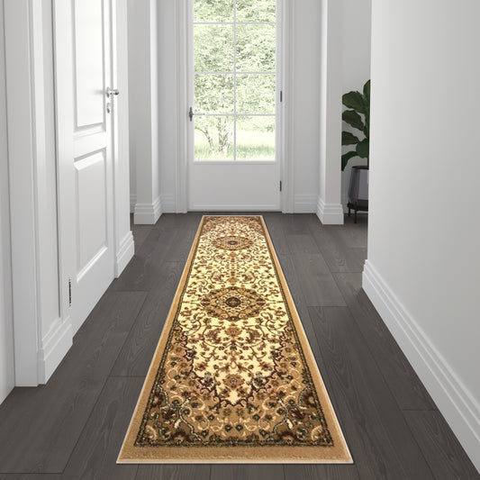 Mersin Collection Persian Style 2' x 7' Ivory Area Rug - Olefin Rug with Jute Backing - Hallway, Entryway, Bedroom, Living Room Ivory