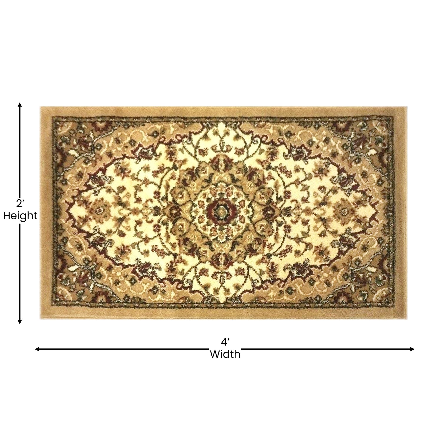 Mersin Collection Persian Style 2x3 Ivory Area Rug-Olefin Rug with Jute Backing-Hallway, Entryway, Bedroom, Living Room Ivory