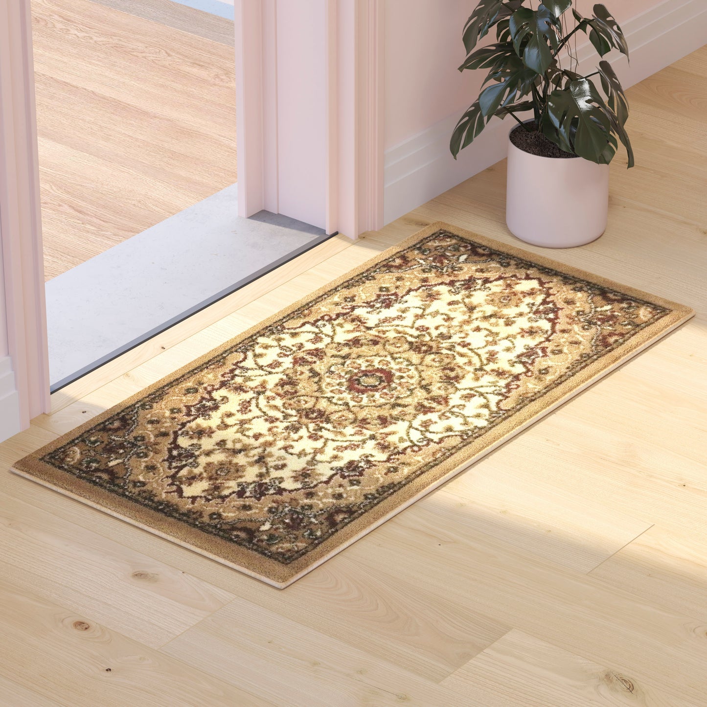 Mersin Collection Persian Style 2x3 Ivory Area Rug-Olefin Rug with Jute Backing-Hallway, Entryway, Bedroom, Living Room Ivory
