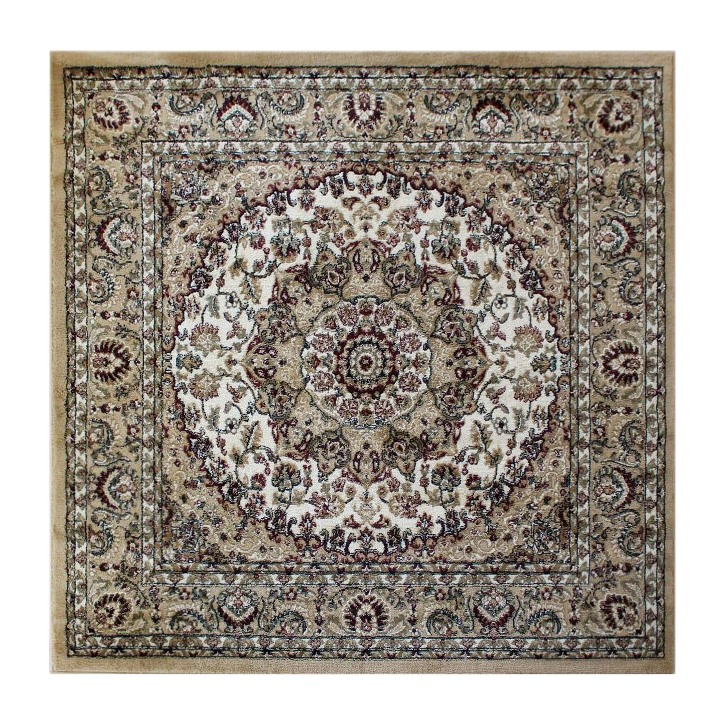 Mersin Collection Persian Style 4x4 Ivory Square Area Rug-Olefin Rug with Jute Backing-Hallway, Entryway, Bedroom, Living Room Ivory