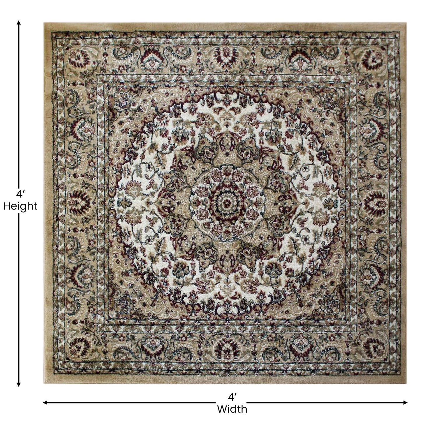 Mersin Collection Persian Style 4x4 Ivory Square Area Rug-Olefin Rug with Jute Backing-Hallway, Entryway, Bedroom, Living Room Ivory