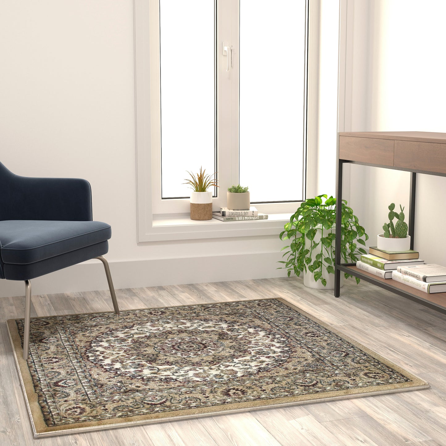 Mersin Collection Persian Style 4x4 Ivory Square Area Rug-Olefin Rug with Jute Backing-Hallway, Entryway, Bedroom, Living Room Ivory