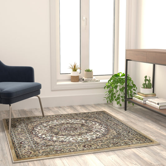 Mersin Collection Persian Style 4x4 Ivory Square Area Rug-Olefin Rug with Jute Backing-Hallway, Entryway, Bedroom, Living Room Ivory