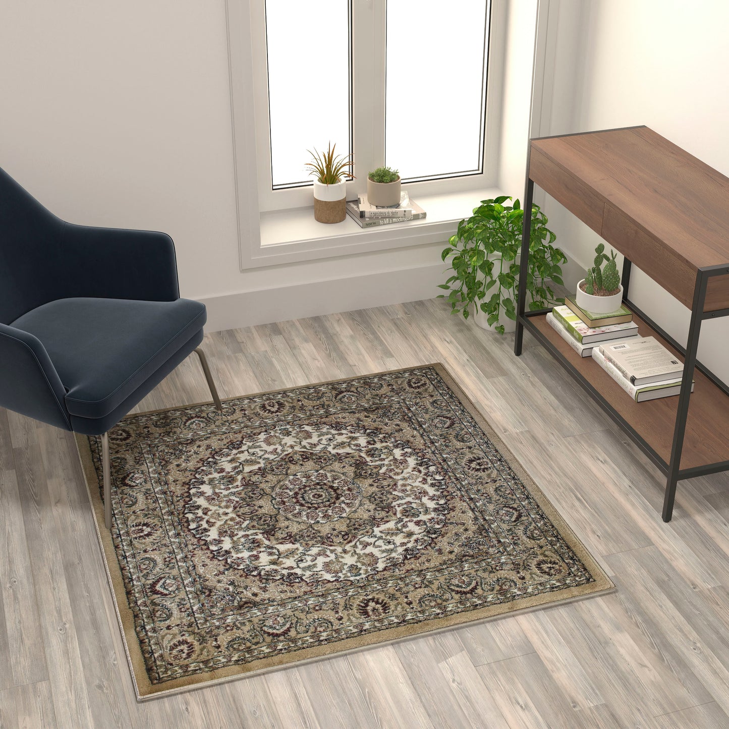 Mersin Collection Persian Style 4x4 Ivory Square Area Rug-Olefin Rug with Jute Backing-Hallway, Entryway, Bedroom, Living Room Ivory