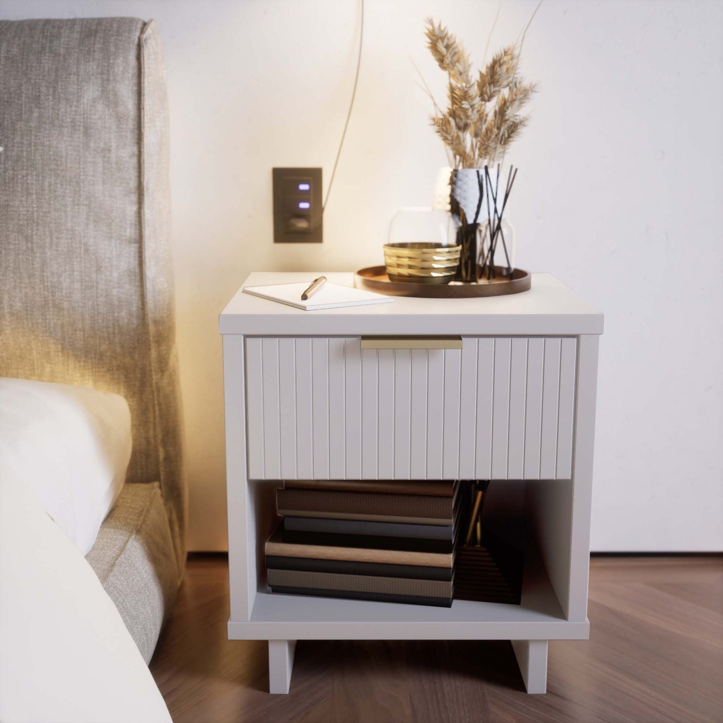 Manhattan Comfort Granville Modern Nightstand 1.0 with 1 Full Extension Drawers in White