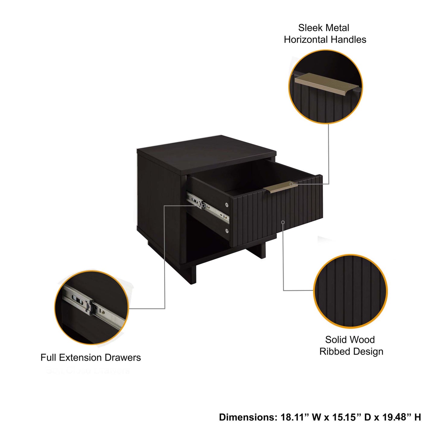 Granville Modern 18" Nightstand in Black (1-Drawer)