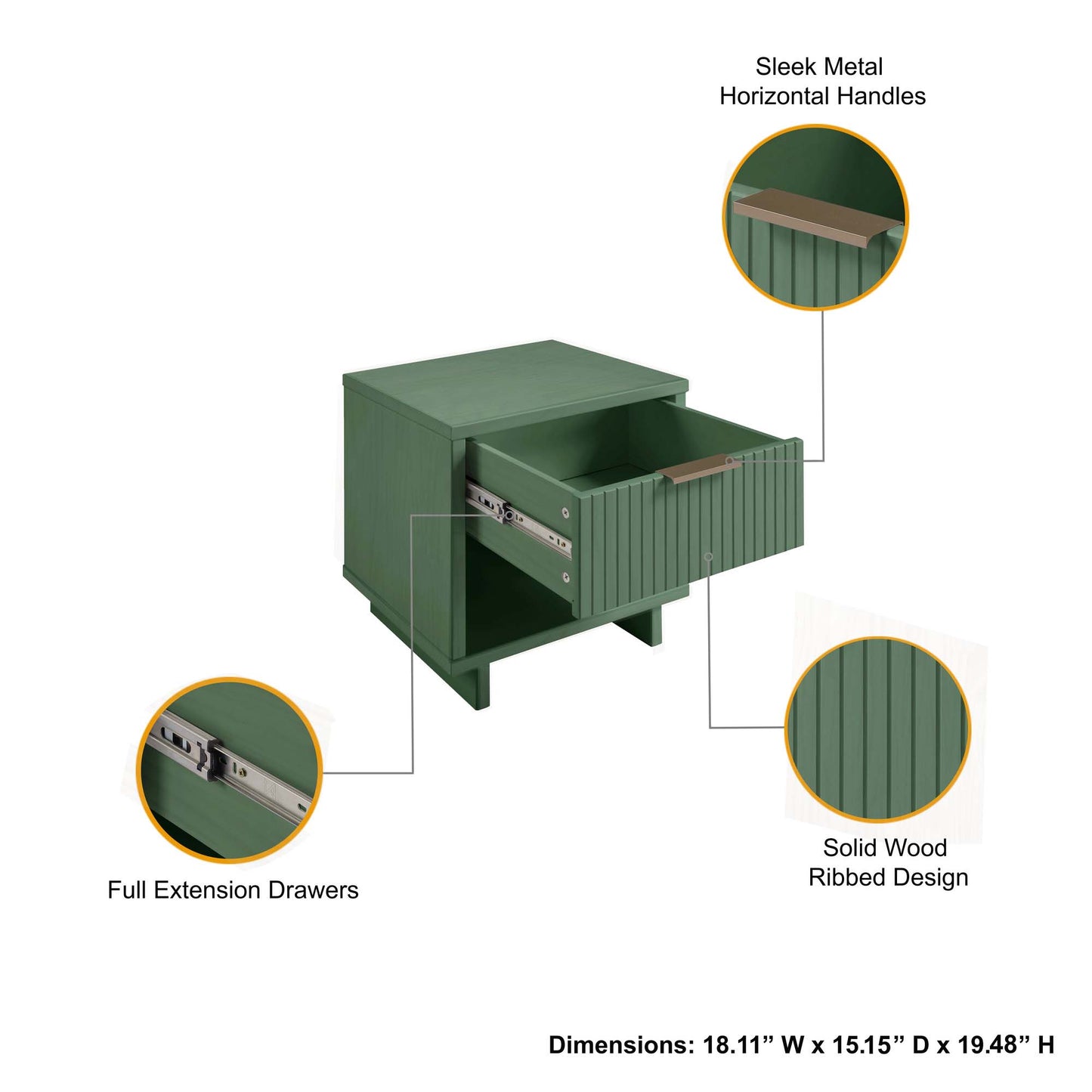 Granville Modern 18" Nightstand in Sage Green (1-Drawer)