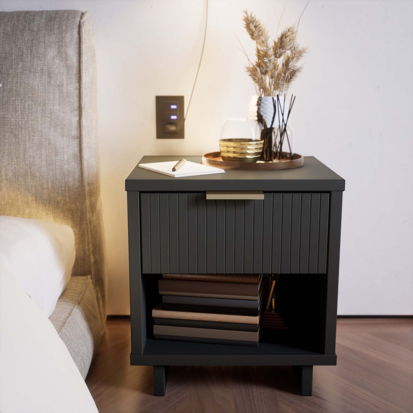 Manhattan Comfort Granville Modern Nightstand 1.0 with 1 Full Extension Drawers in Dark Grey NS-5005