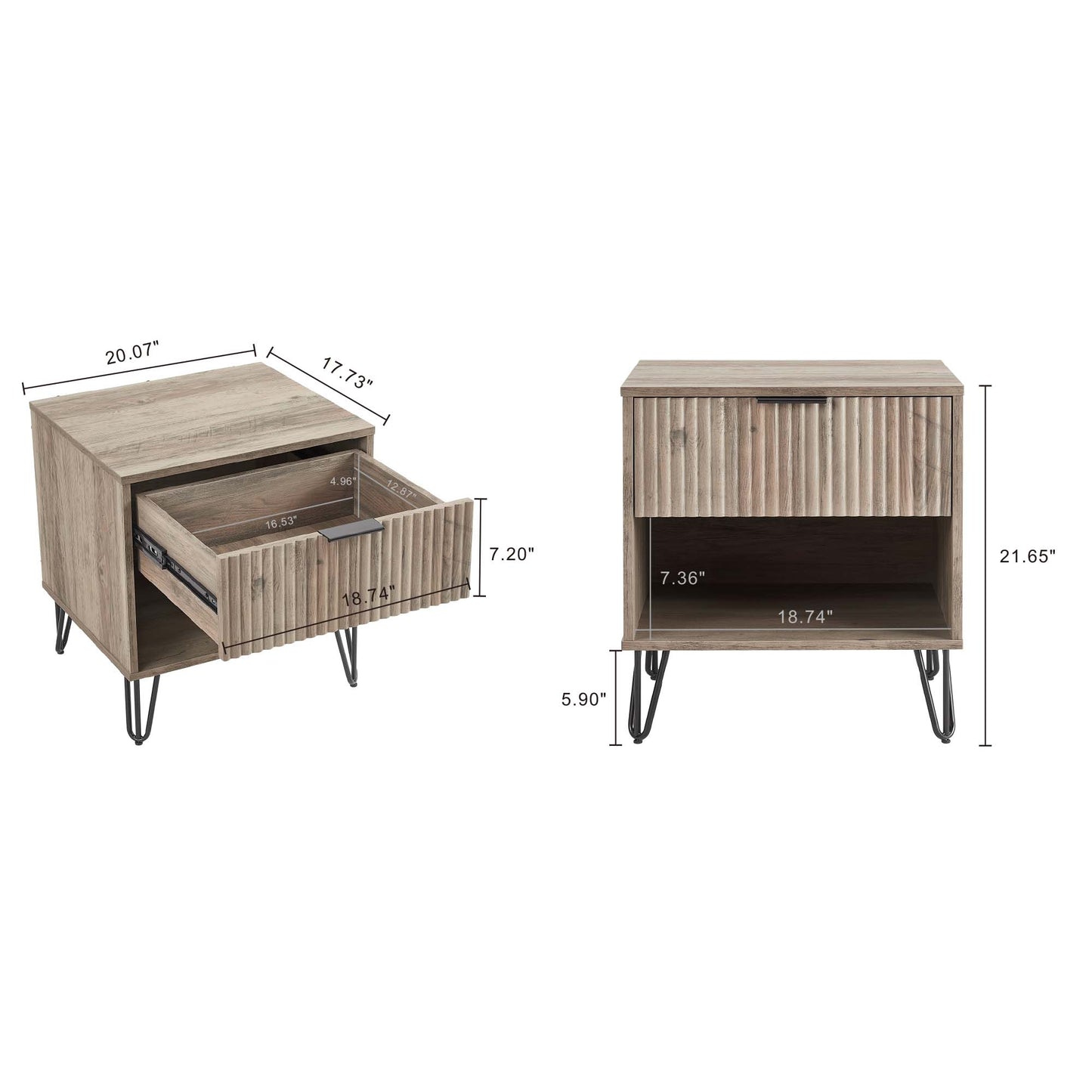 Dumbo Modern 20" Fluted Nightstand in Rustic Gray (1-Drawer) NS001-GY