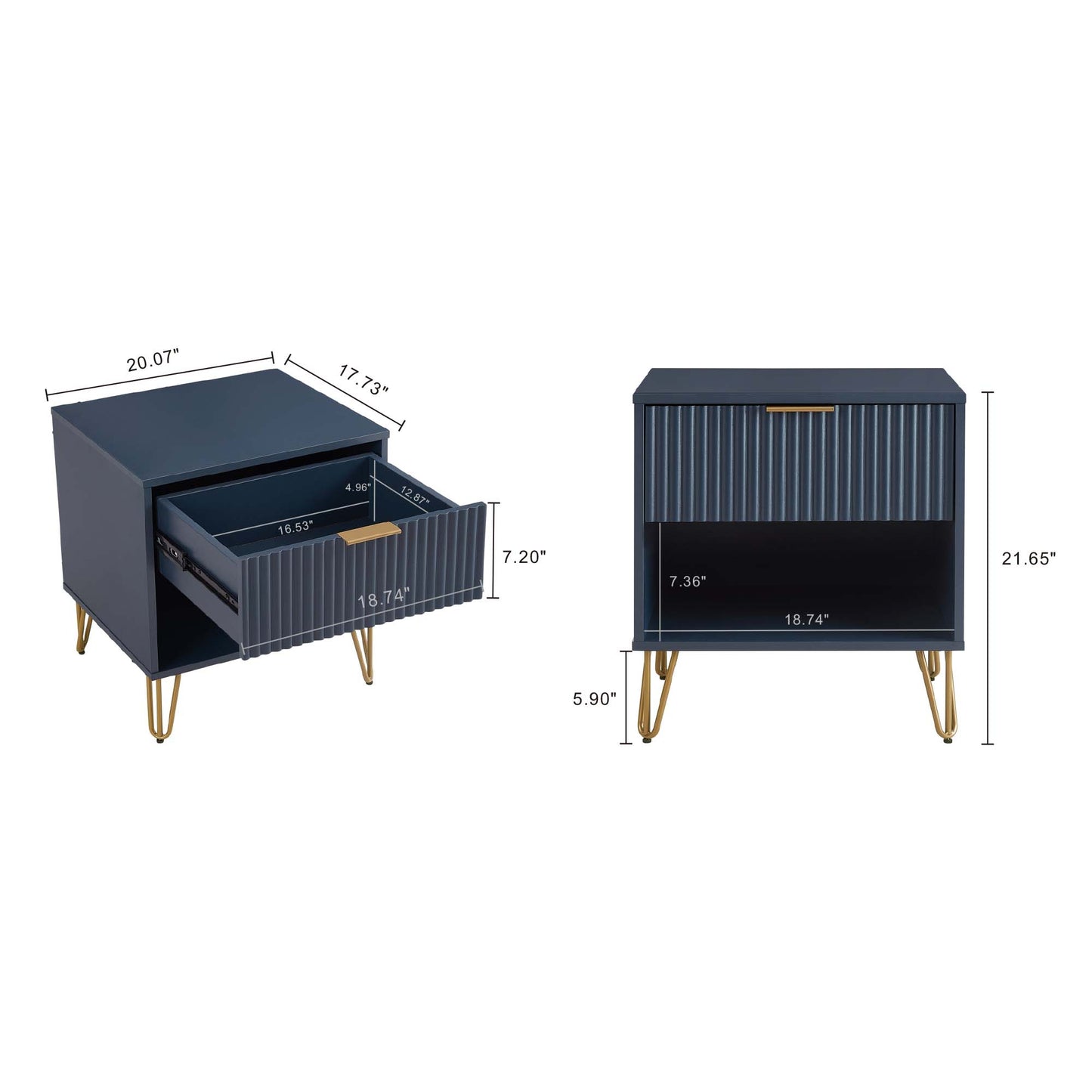 Dumbo Modern 20" Fluted Nightstand in Midnight Blue (1-Drawer) NS001-MB