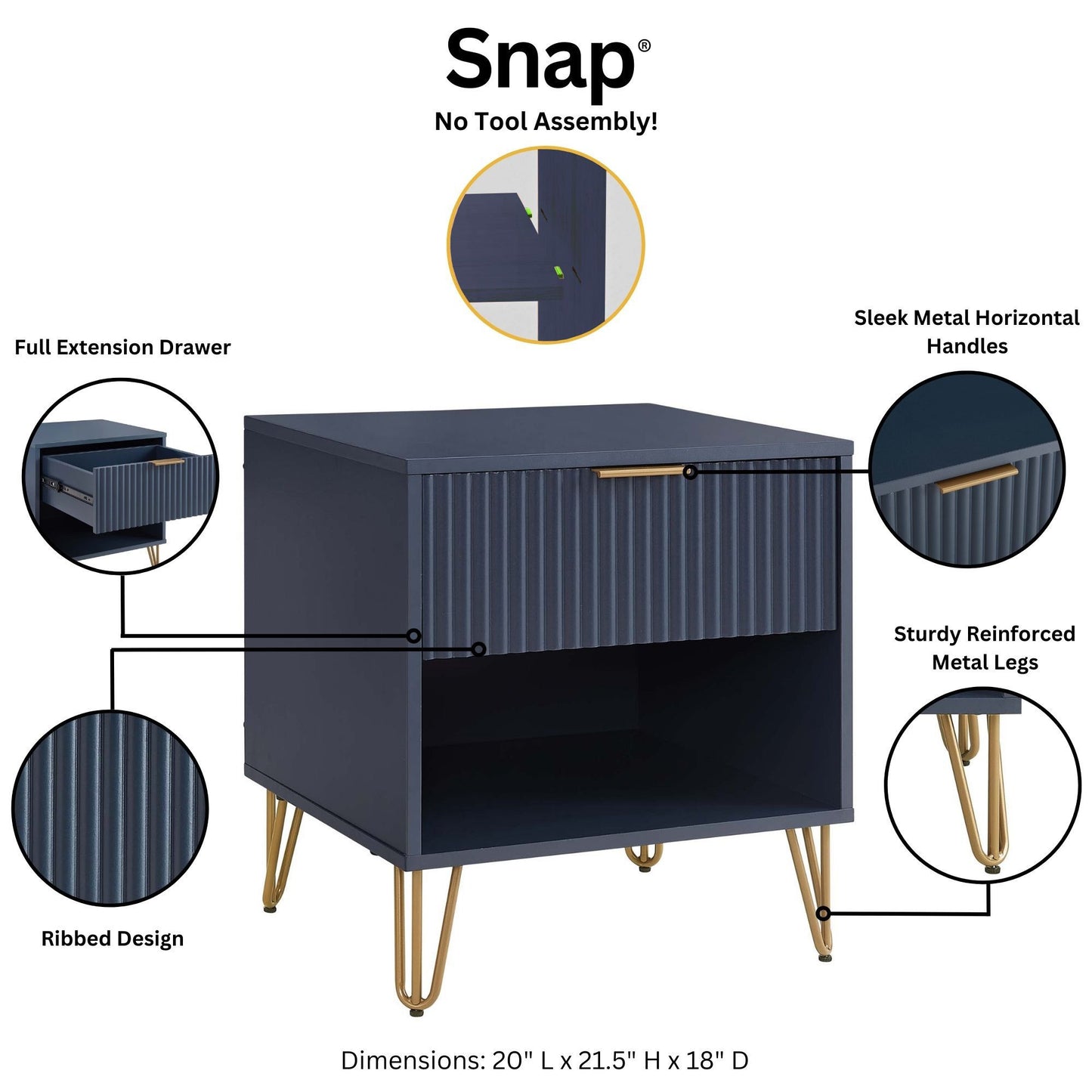 Dumbo Modern 20" Fluted Nightstand in Midnight Blue (1-Drawer) NS001-MB