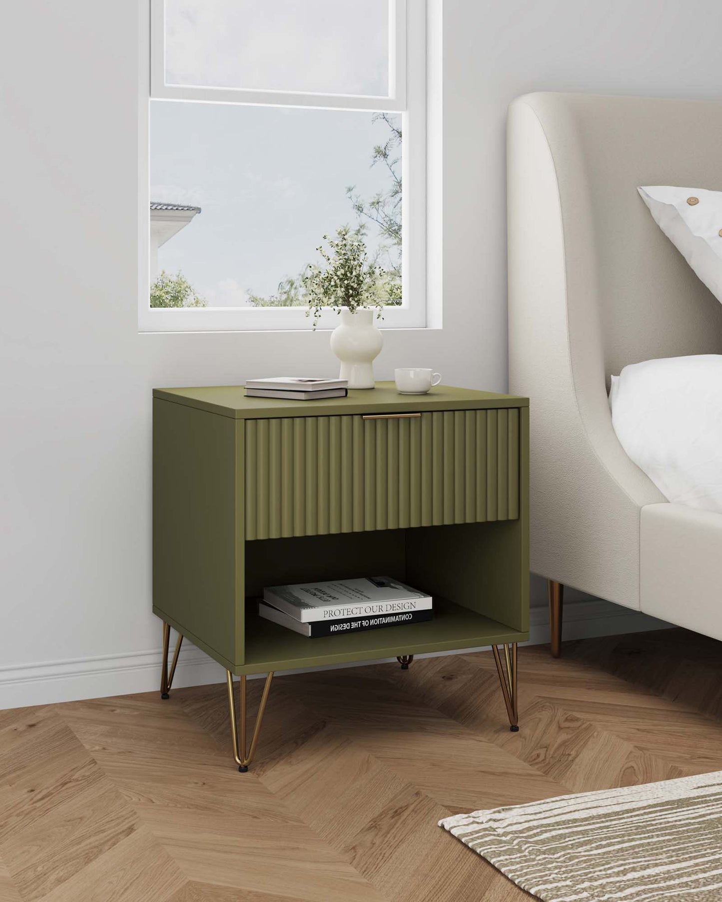 Dumbo Modern 20" Fluted Nightstand in Olive Green (1-Drawer) NS001-OG