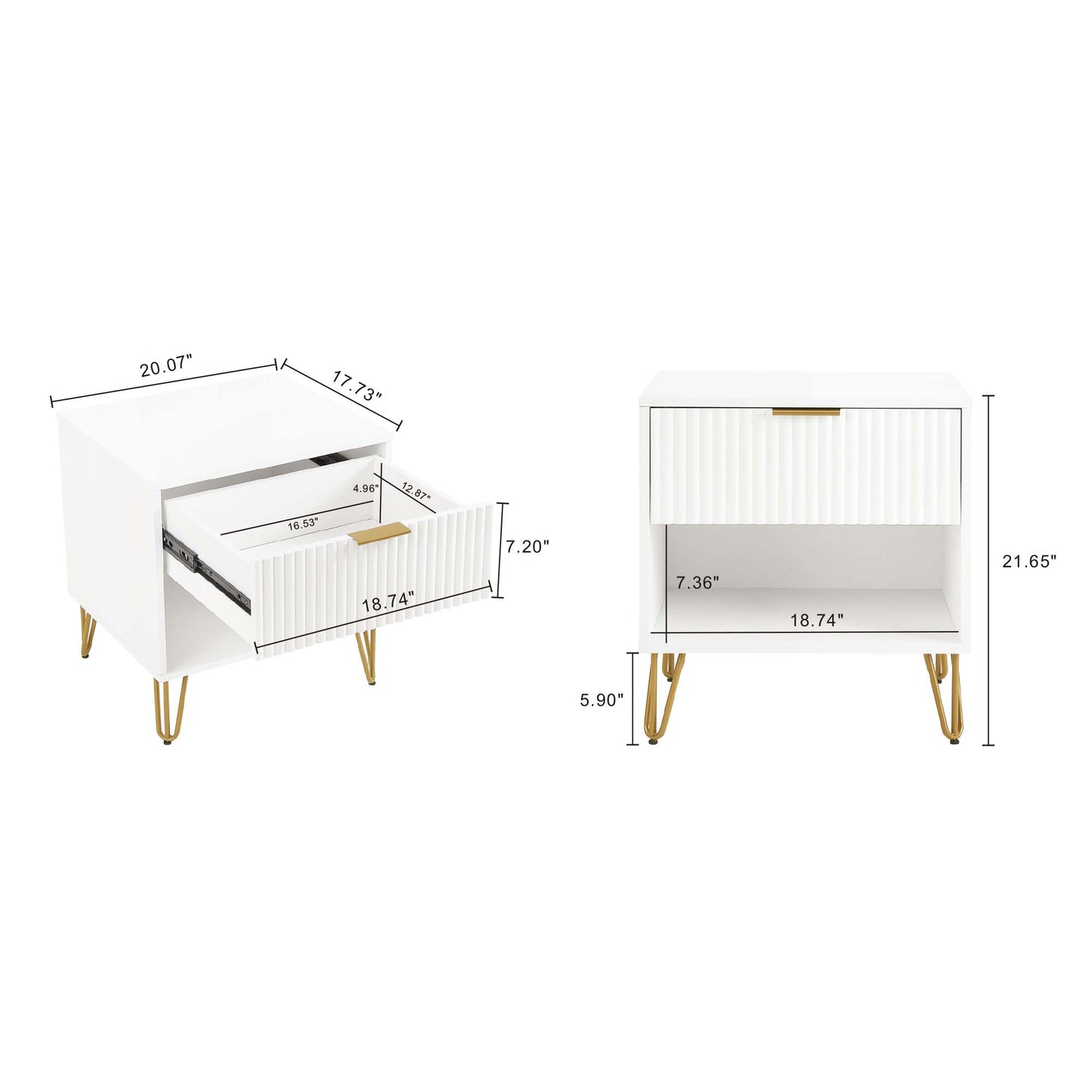 Dumbo Modern 20" Fluted Nightstand in White (1-Drawer) NS001-WH