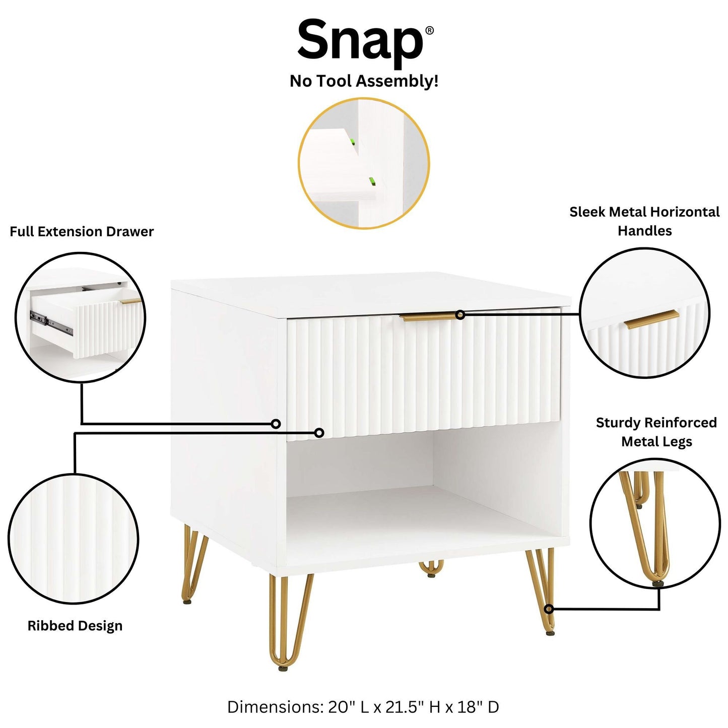 Dumbo Modern 20" Fluted Nightstand in White (1-Drawer) NS001-WH