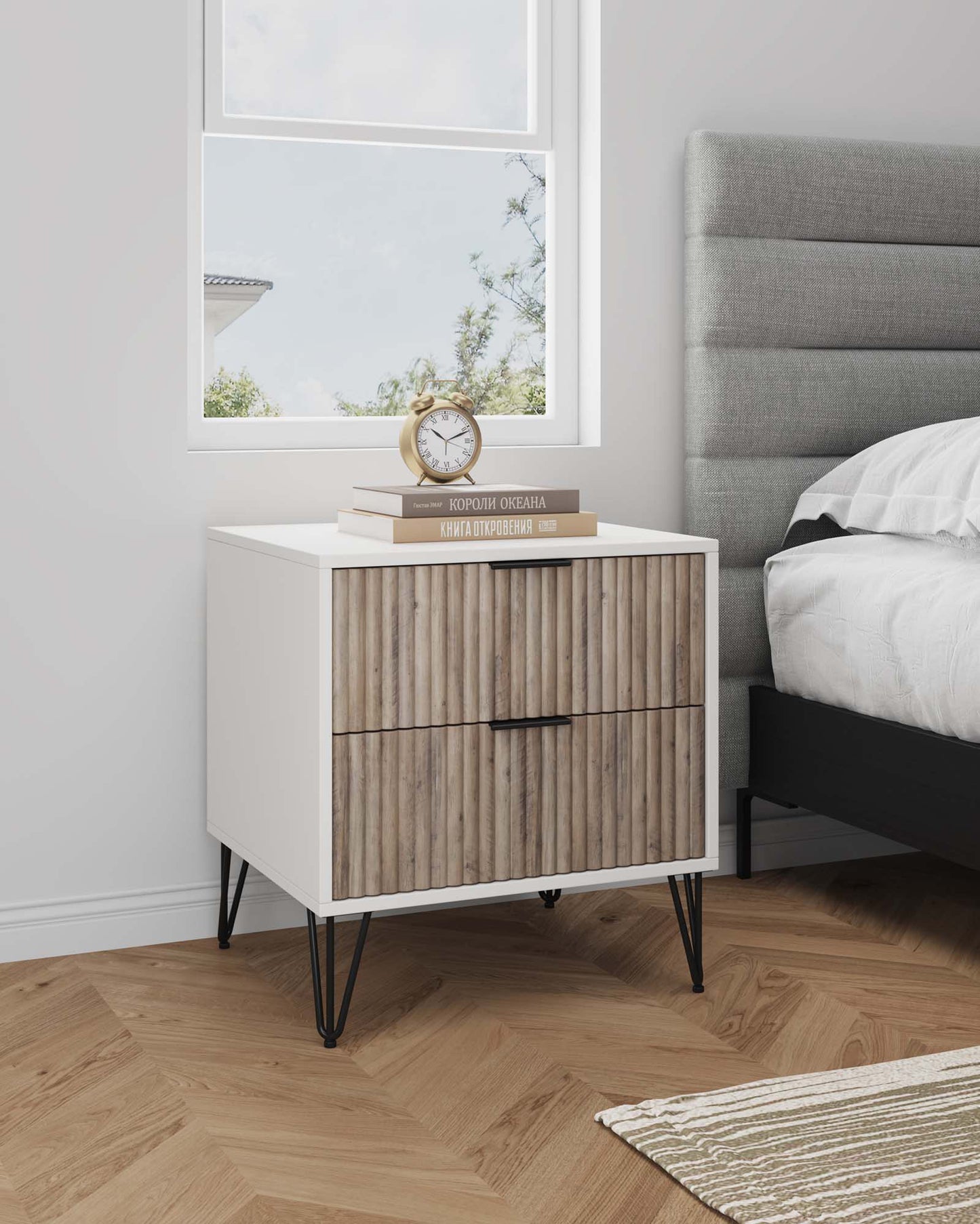 Dumbo Modern 20" Fluted Nightstand in Rustic Gray and White (2-Drawer) NS002-WG