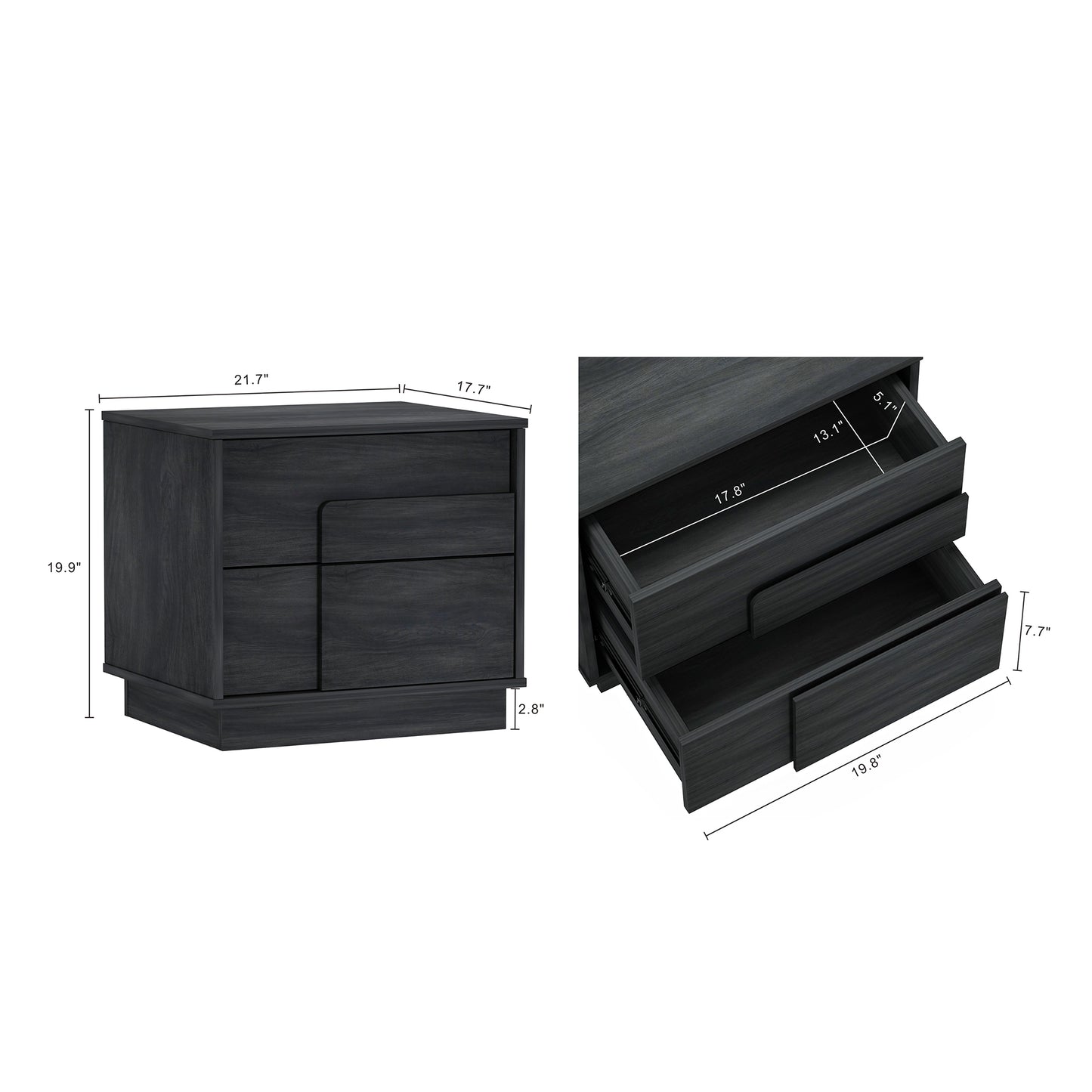 Horizon Modern 22" Nightstand in Charcoal Gray (2-Drawer) NS003-GY
