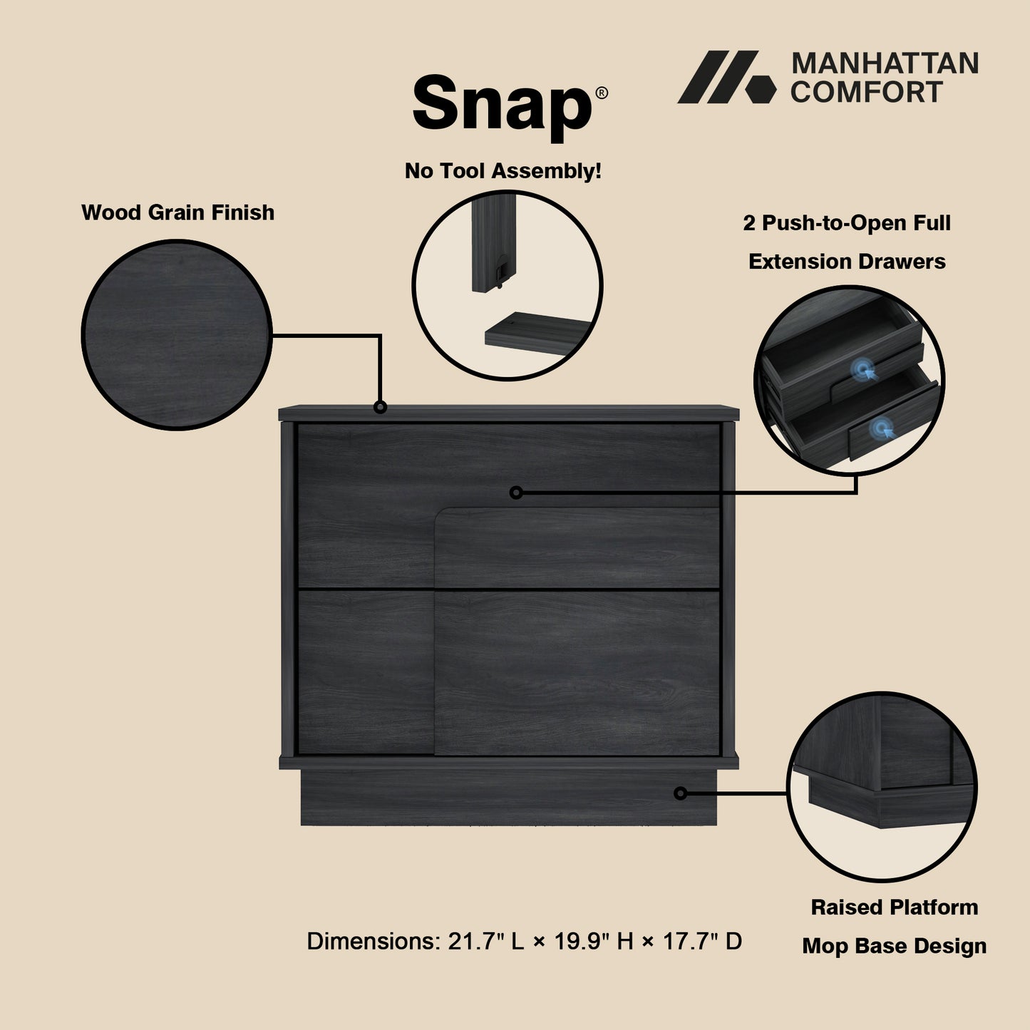 Horizon Modern 22" Nightstand in Charcoal Gray (2-Drawer) NS003-GY