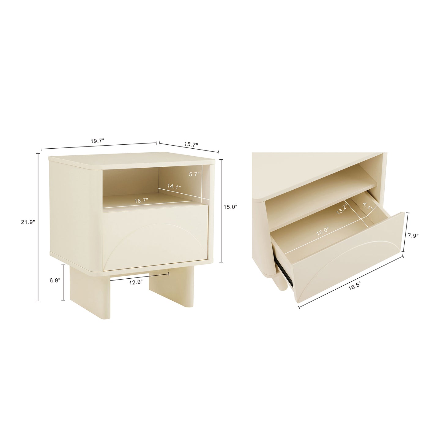 Ella Modern 20" Nightstand in Cream (1-Drawer) NS005-CR