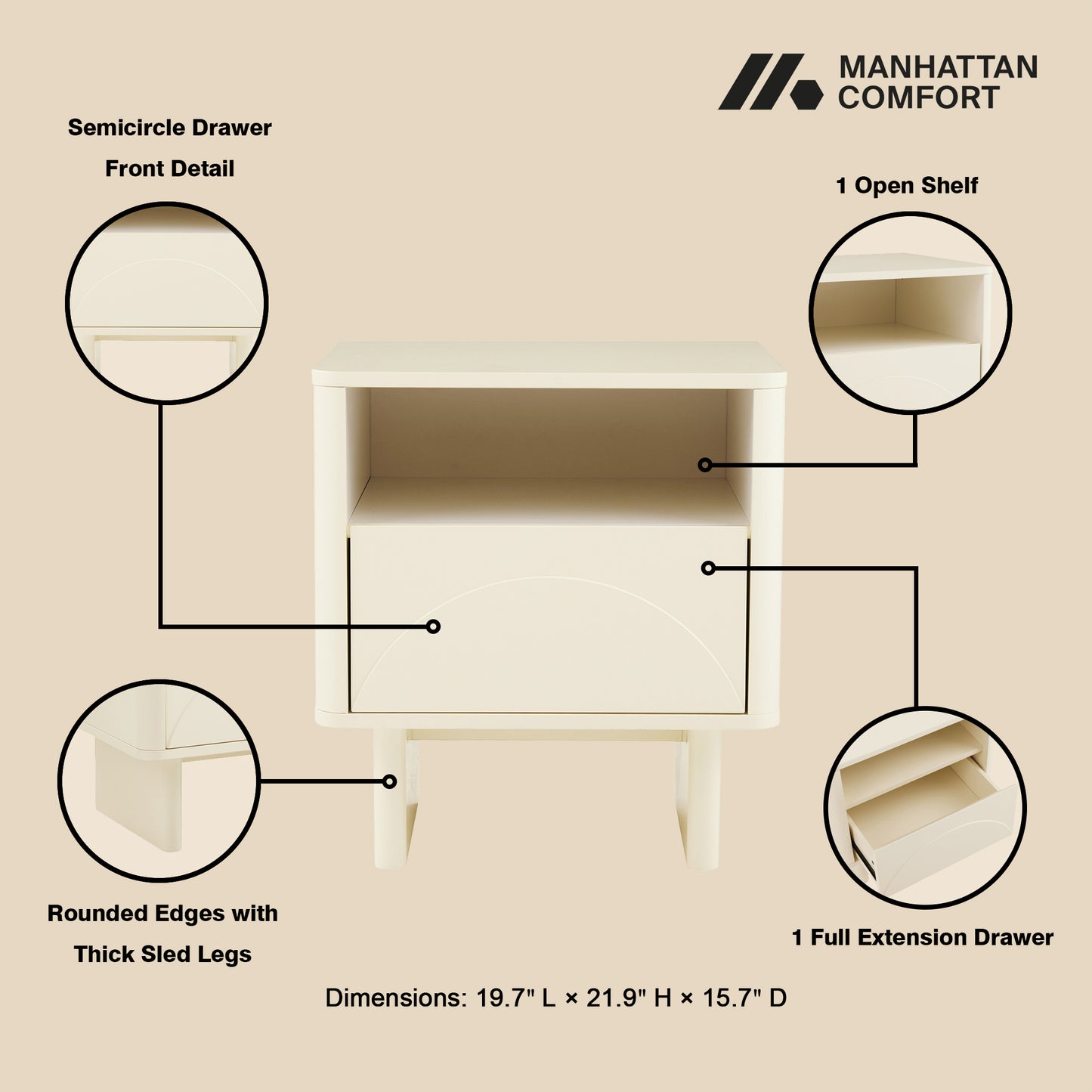Ella Modern 20" Nightstand in Cream (1-Drawer) NS005-CR