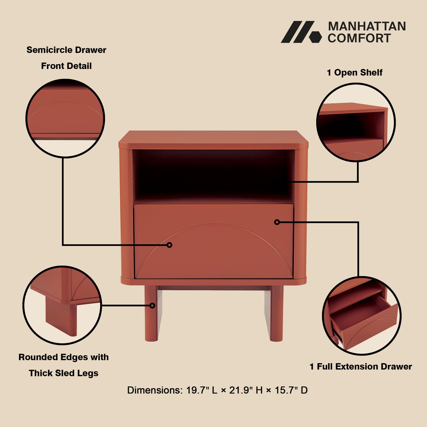 Ella Modern 20" Nightstand in Terracotta (1-Drawer) NS005-OR