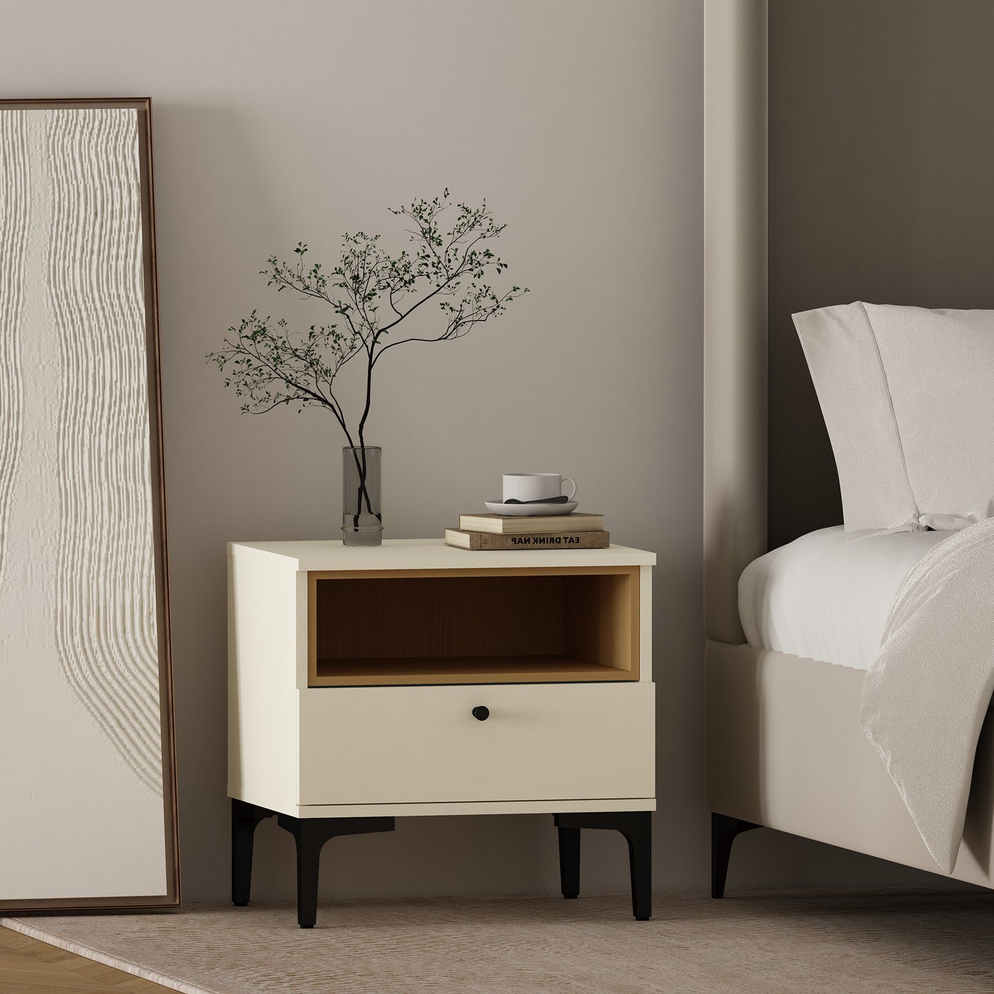 Amara Modern 20" Nightstand in Cream and Light Oak (1-Drawer) NS006-CR
