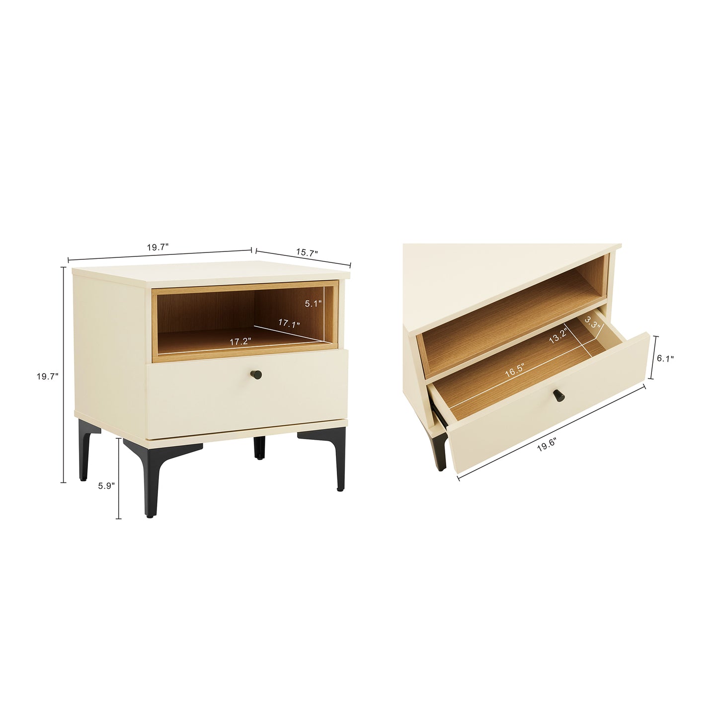 Amara Modern 20" Nightstand in Cream and Light Oak (1-Drawer) NS006-CR