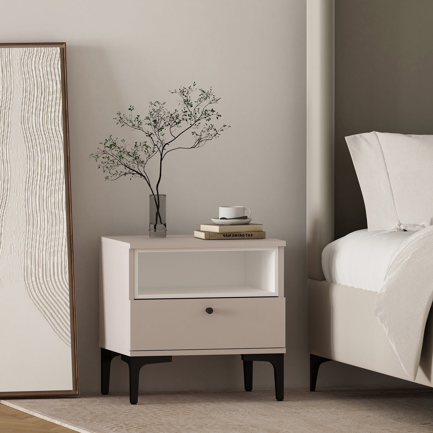 Amara Modern 20" Nightstand in Pale Rose and White (1-Drawer) NS006-PK
