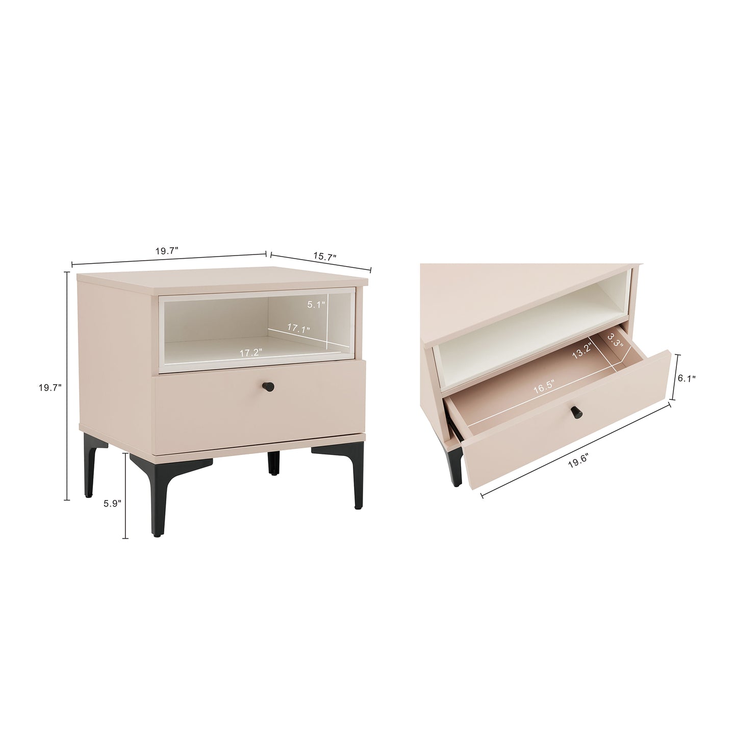 Amara Modern 20" Nightstand in Pale Rose and White (1-Drawer) NS006-PK