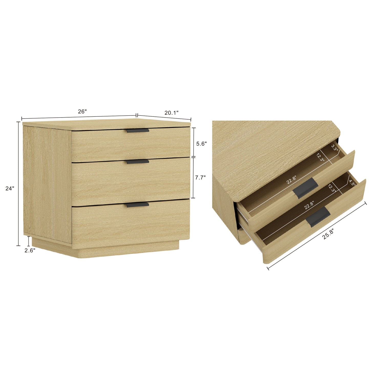 Payton Modern 26" Nightstand in Natural Oak (3-Drawer) NS009-NO