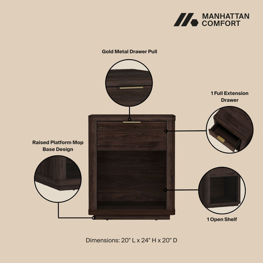 Evelyn Modern 20" Nightstand in Brown (1-Drawer) NS011-BR
