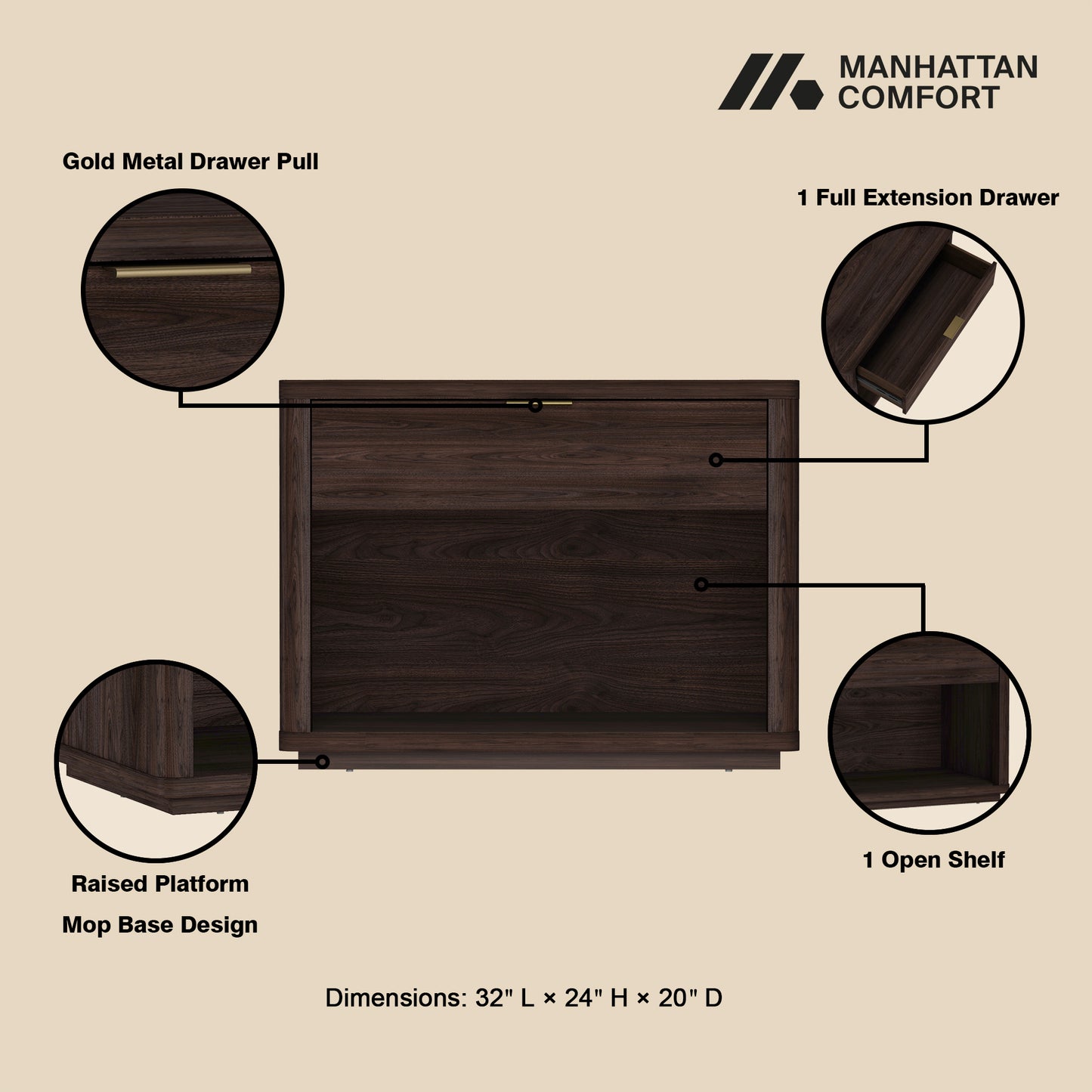 Evelyn Modern 32" Nightstand in Brown (1-Drawer) NS012-BR