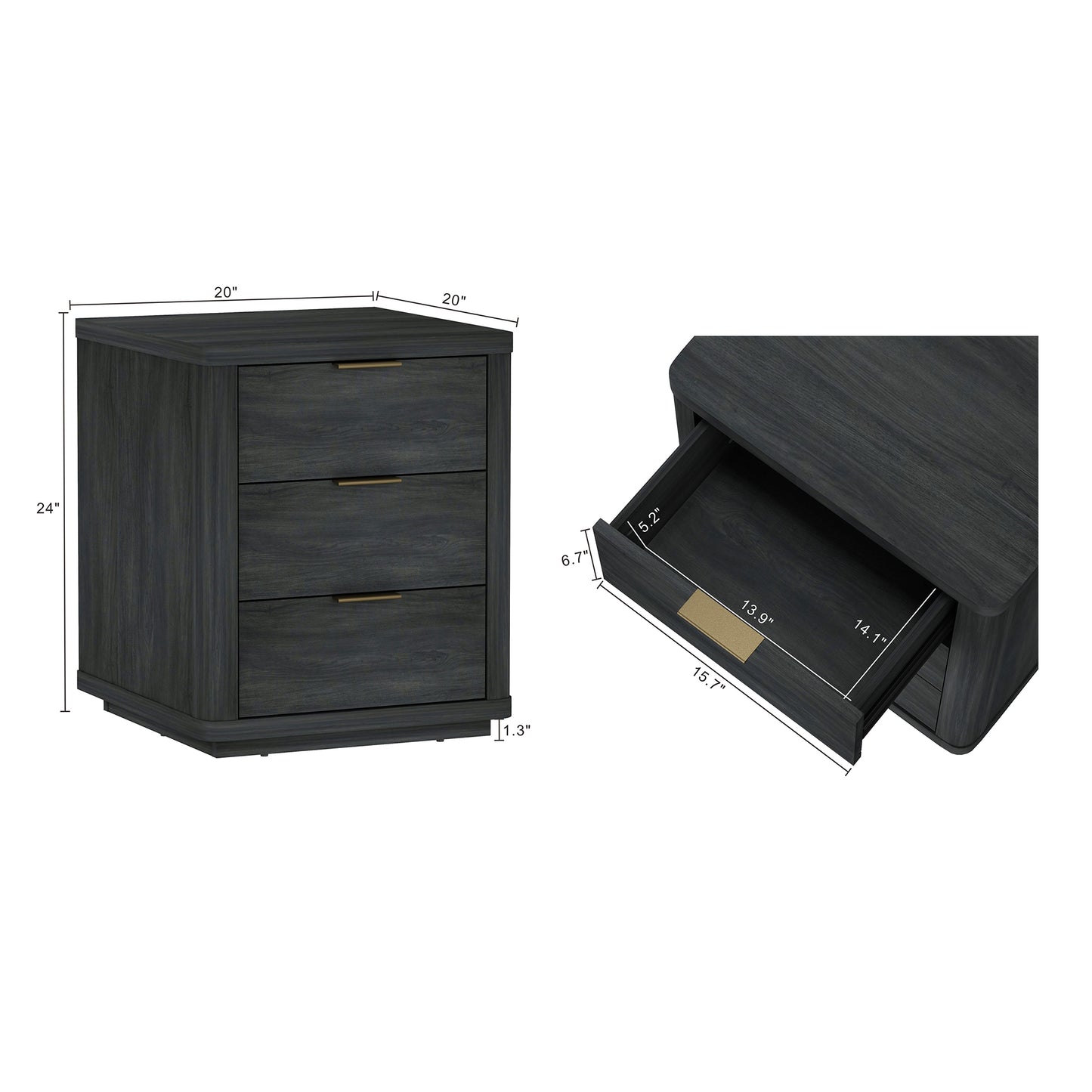 Evelyn Modern 20" Nightstand in Charcoal Gray (3-Drawer) NS013-CH