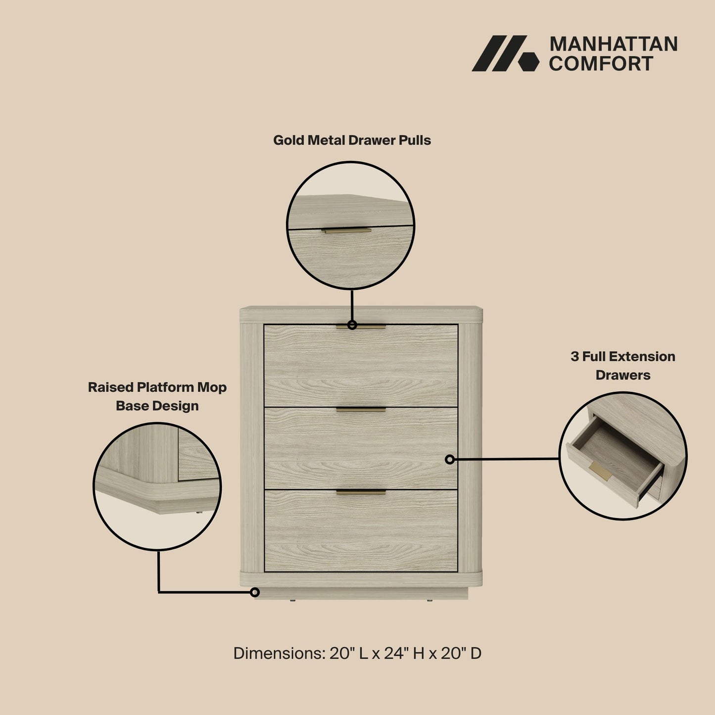 Evelyn Modern 20" Nightstand in Natural (3-Drawer) NS013-NA