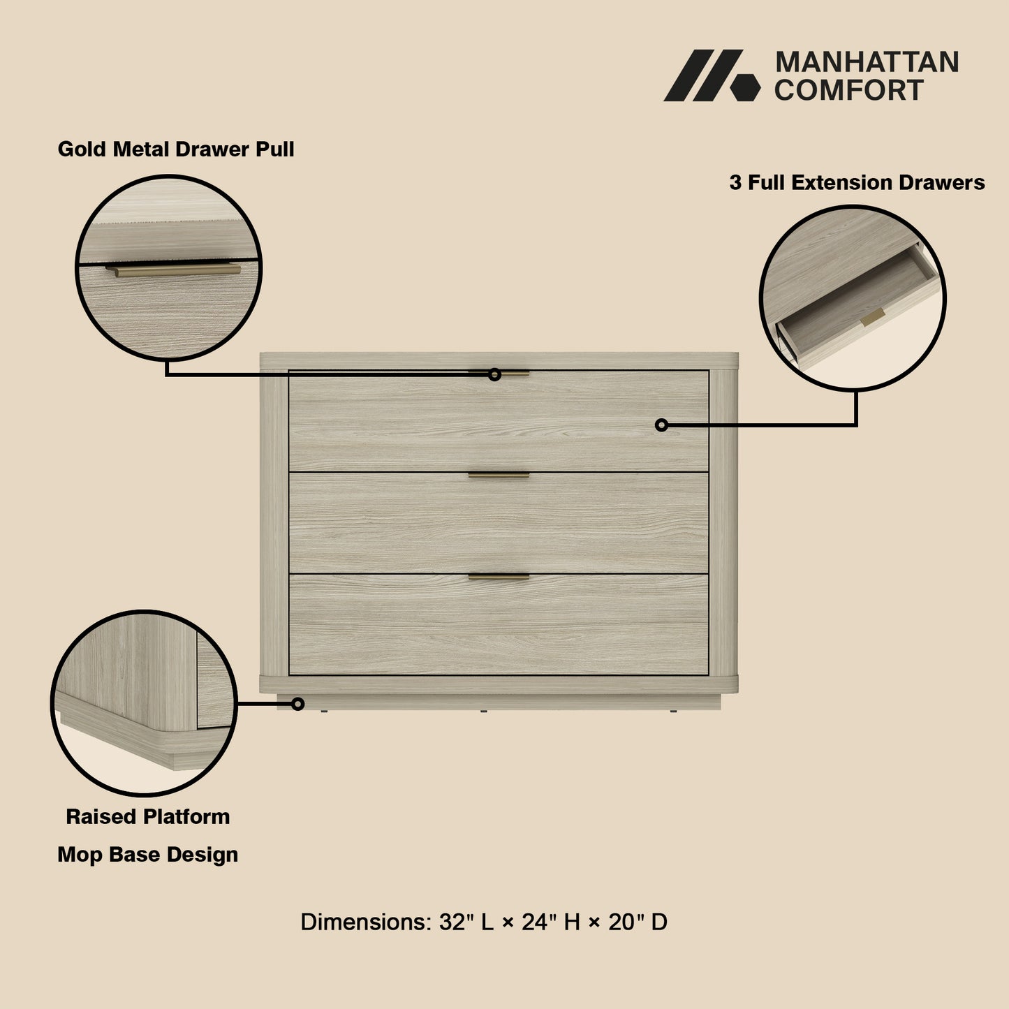 Evelyn Modern 32" Nightstand in Natural (3-Drawer) NS014-NA