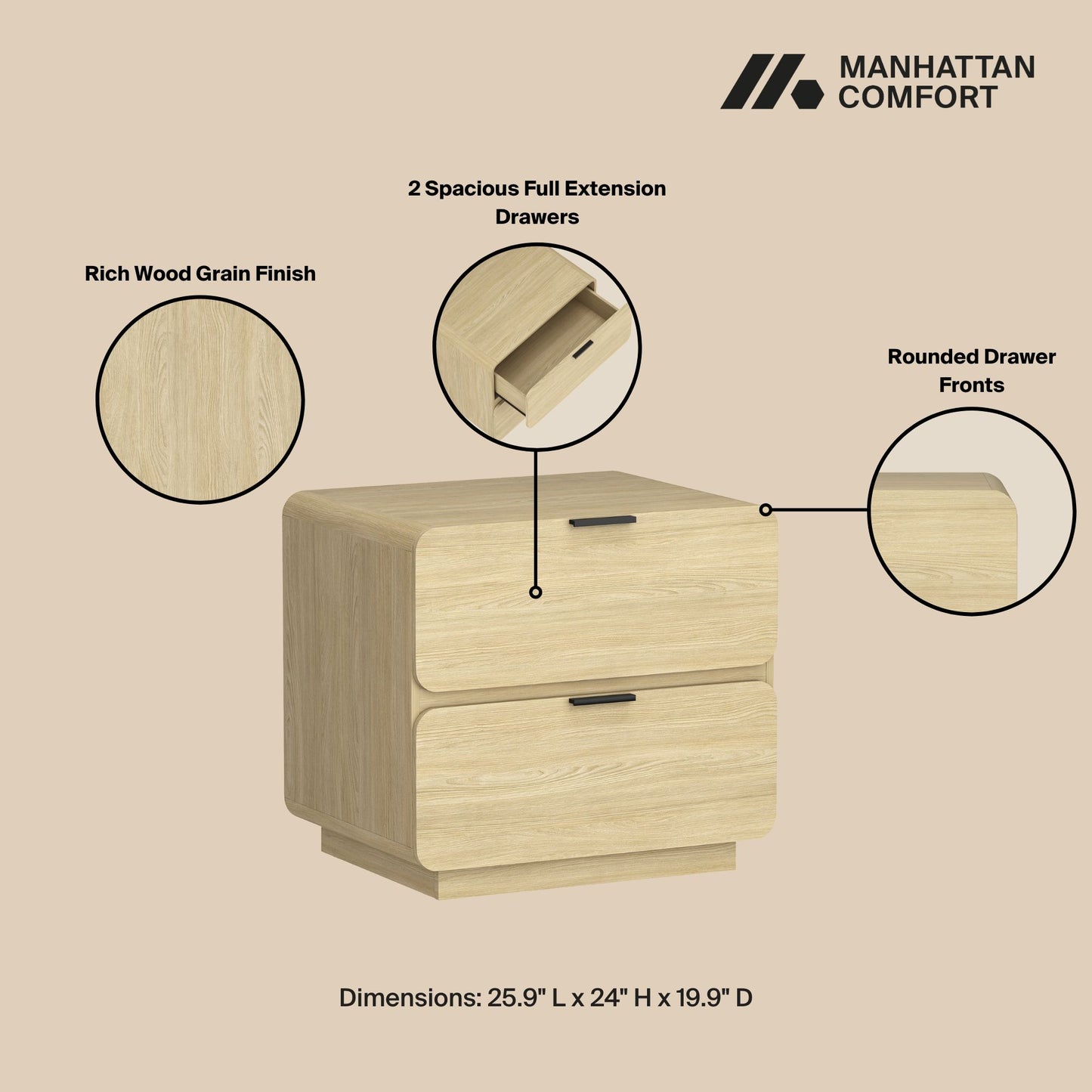 Chrystie Contemporary Modern 26" Nightstand in Natural (2-Drawer) NS016-NA