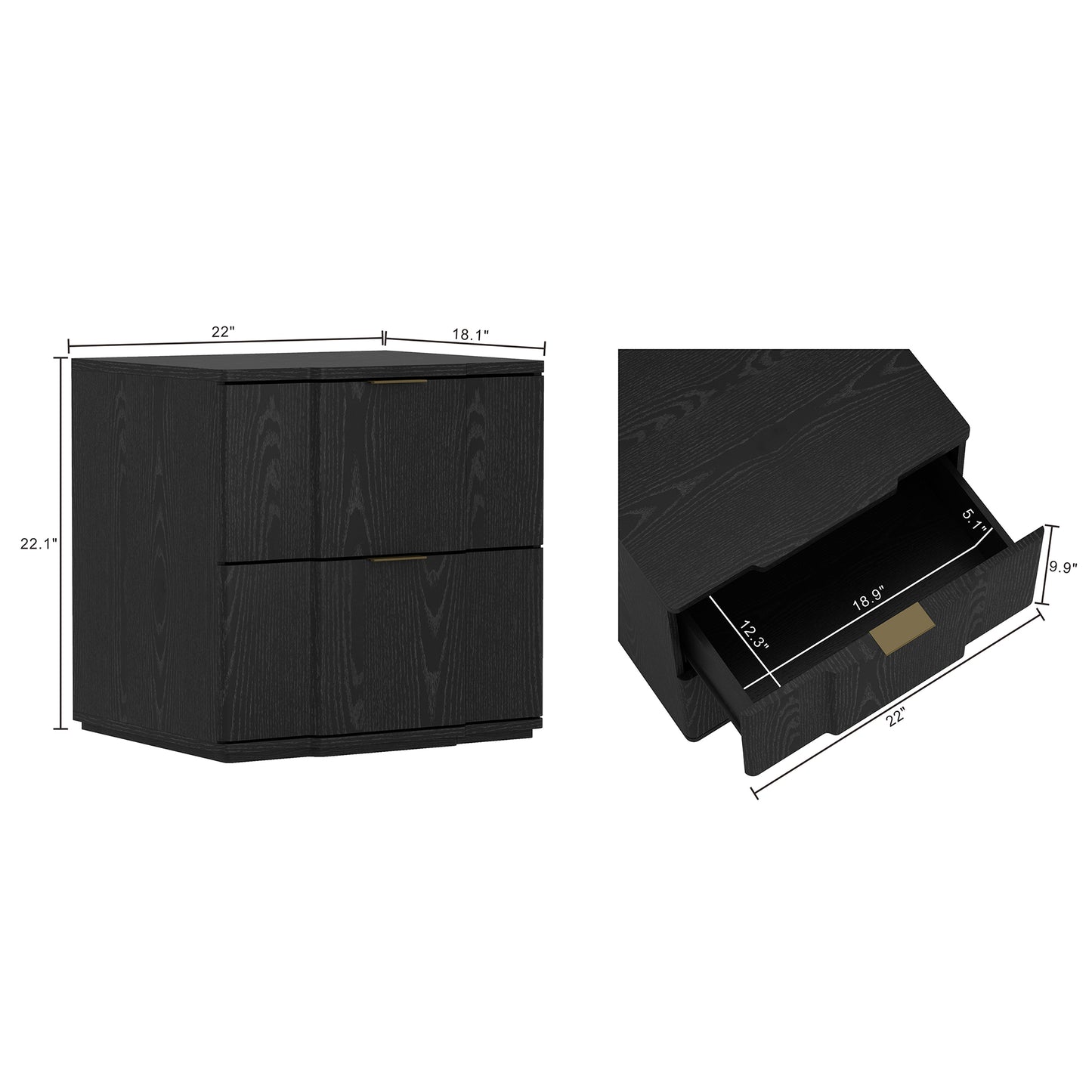 Clive Mid-Century Modern 22" Nightstand in Black and Gold (2-Drawer) NS1560-2