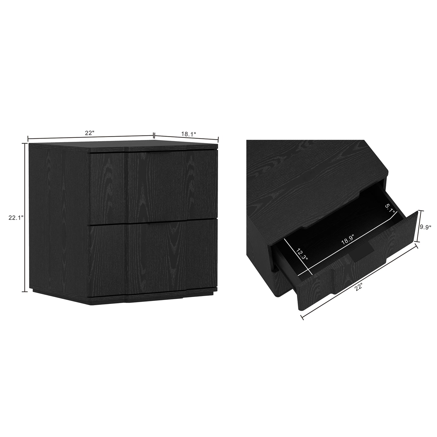 Clive Mid-Century Modern 22" Nightstand in Black (2-Drawer) NS1560-5