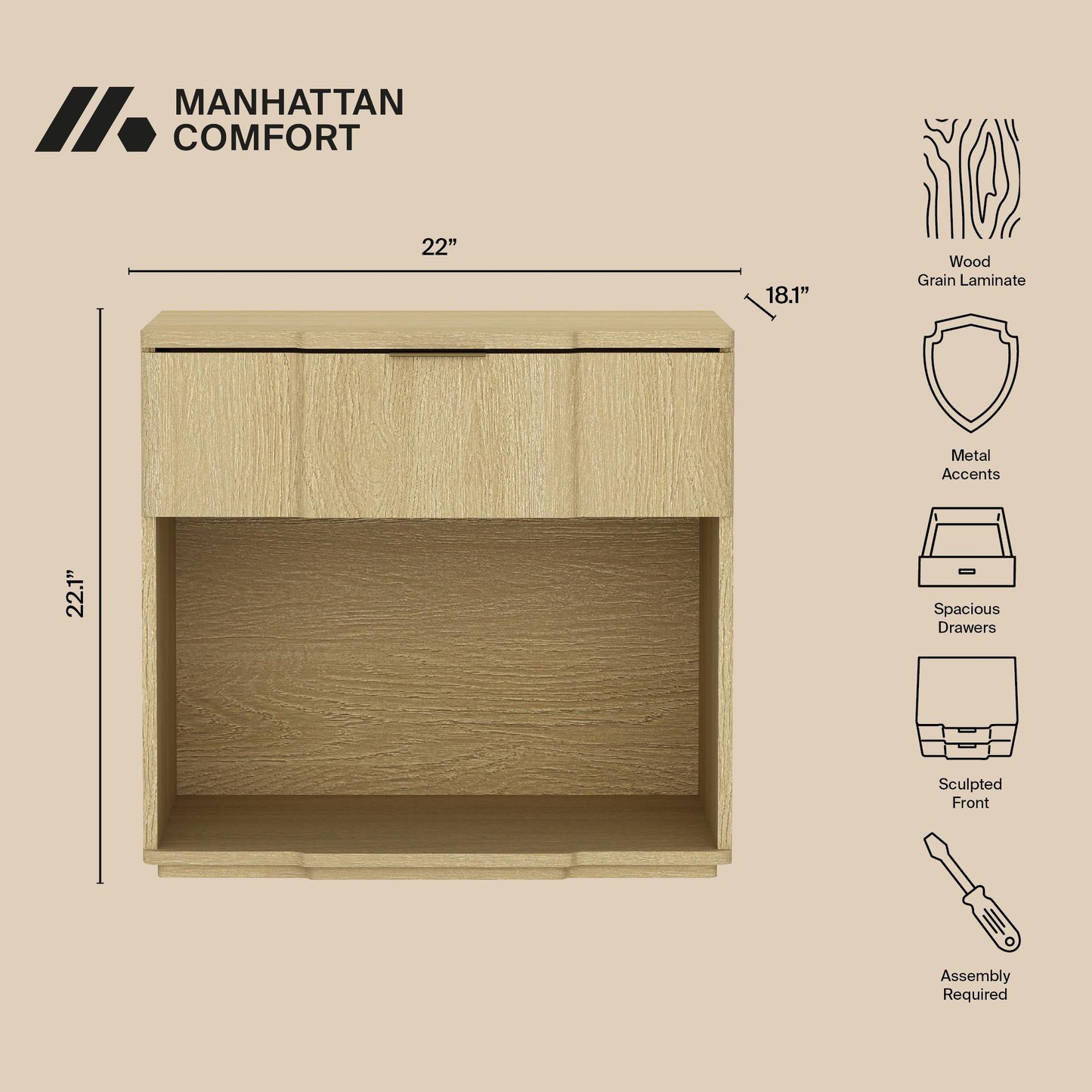 Clive Mid-Century Modern 22" Nightstand in Natural Oak (1-Drawer) NS1561-1