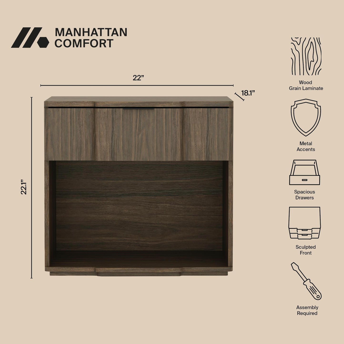 Clive Mid-Century Modern 22" Nightstand in Walnut (1-Drawer) NS1561-6