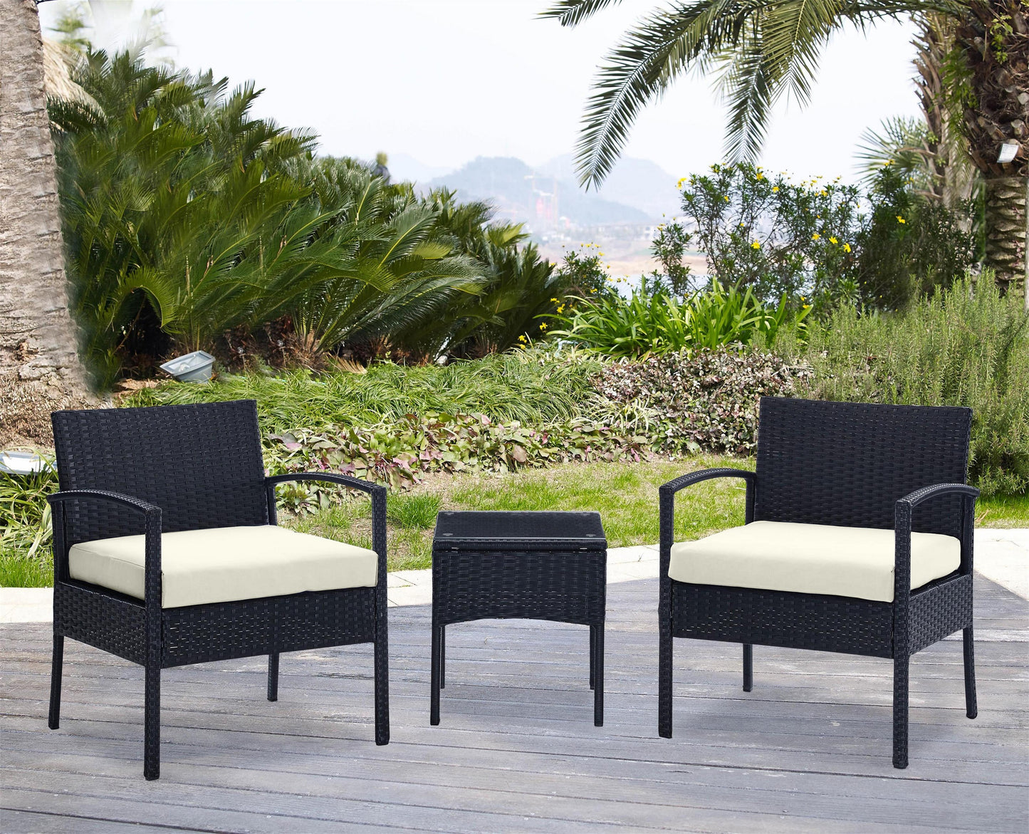 Manhattan Comfort Noli Steel Rattan 3-Piece Patio Conversation Set with Cushions in Cream OD-CV006-CR