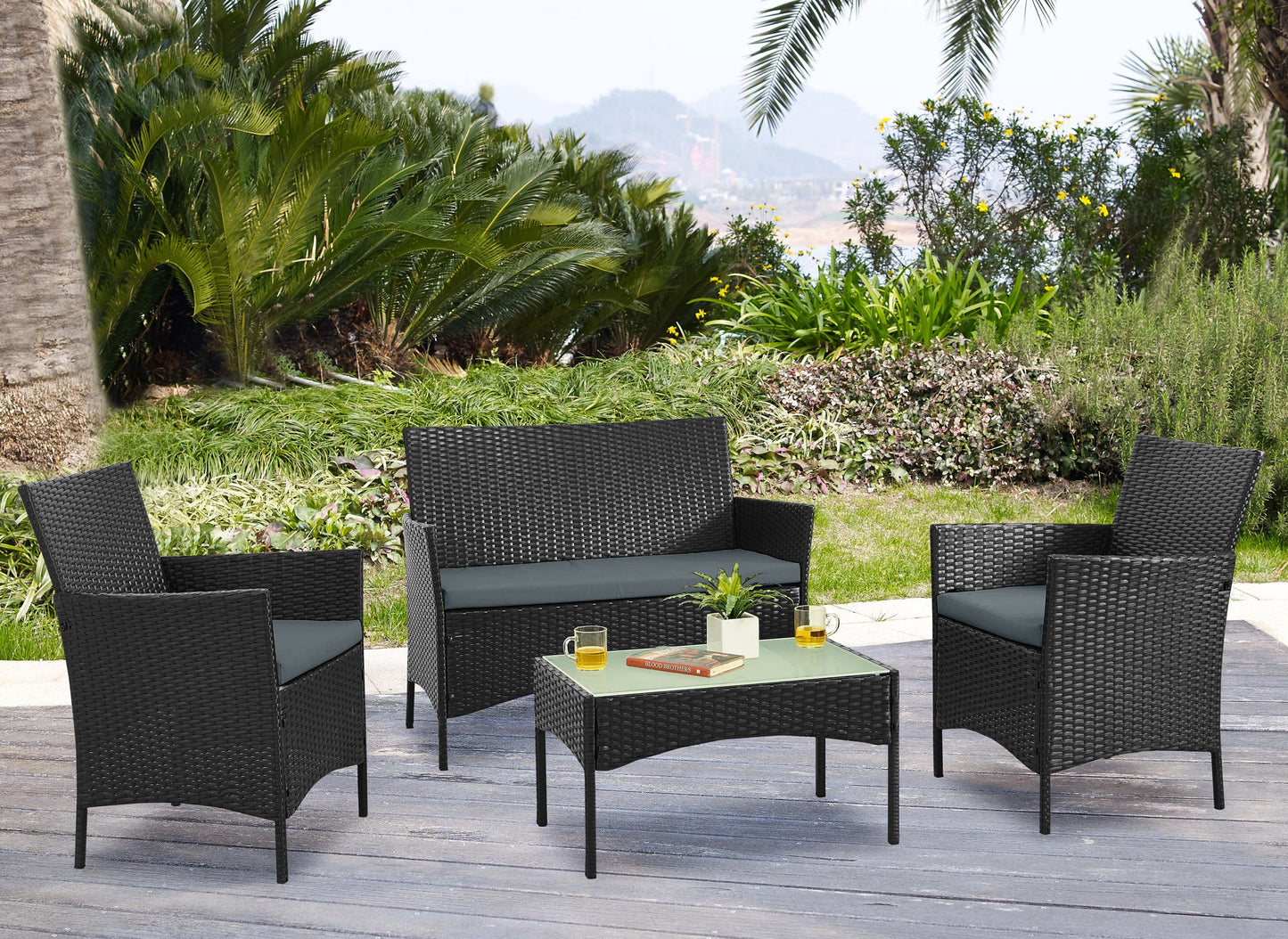 Manhattan Comfort Imperia Steel Rattan 4-Piece Patio Conversation Set with Cushions in Grey OD-CV008-GY