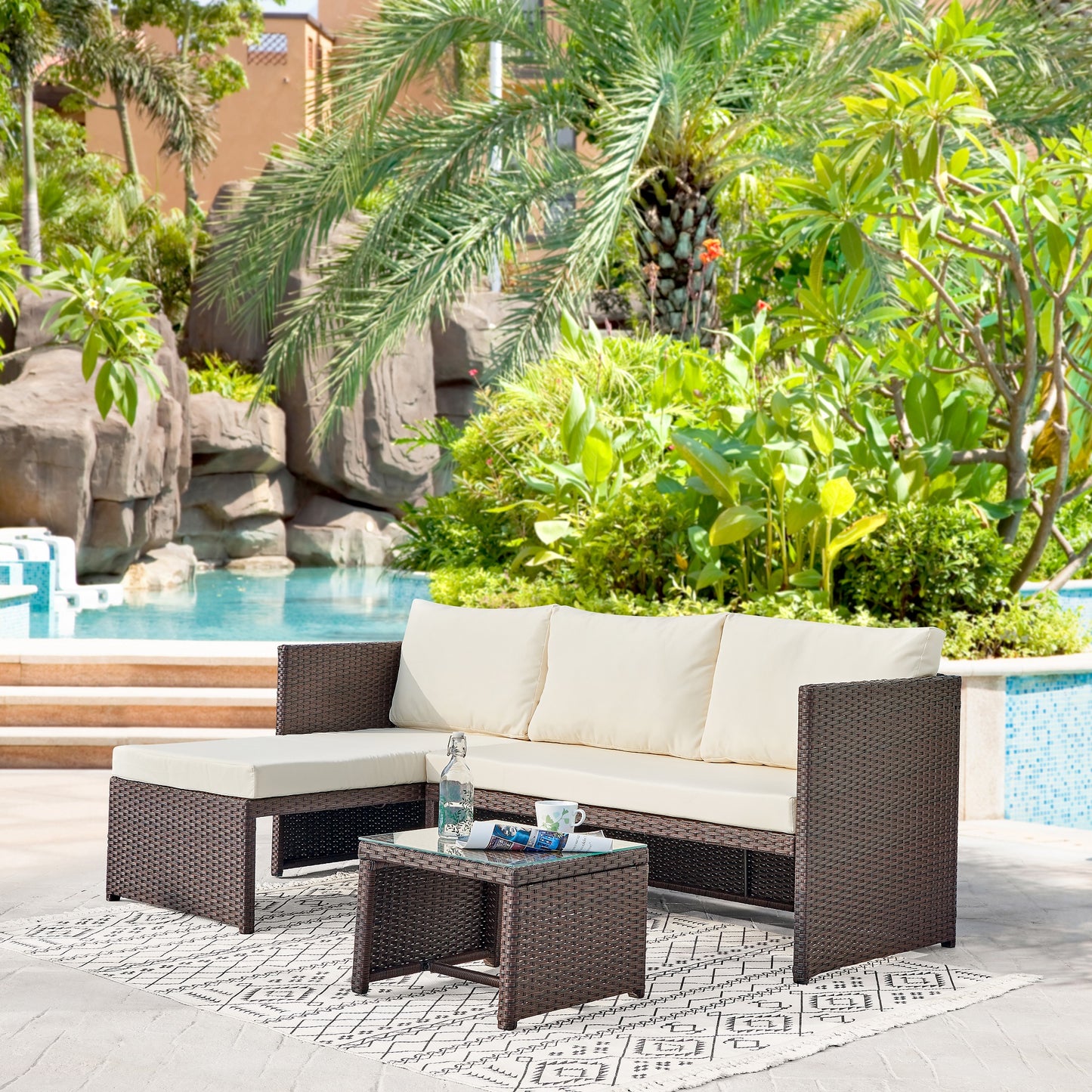 Menton Modern Steel Rattan Sectional and Patio Seating Set with Coffee Table