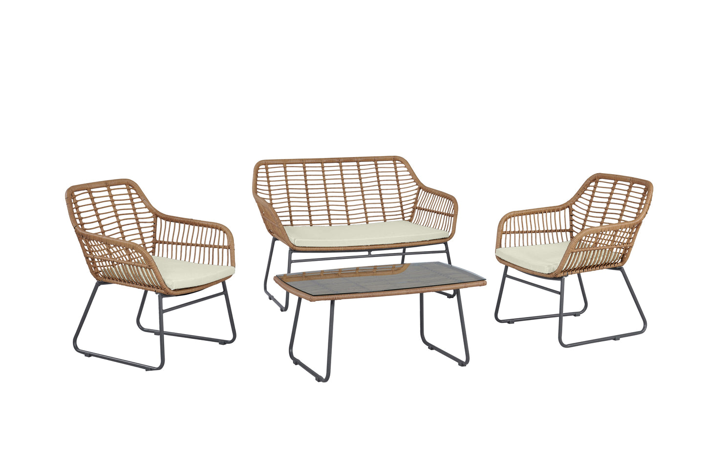 Manhattan Comfort Antibes 2.0 Steel Rattan 4-Piece Patio Conversation Set with Cushions in Cream OD-CV011-CR